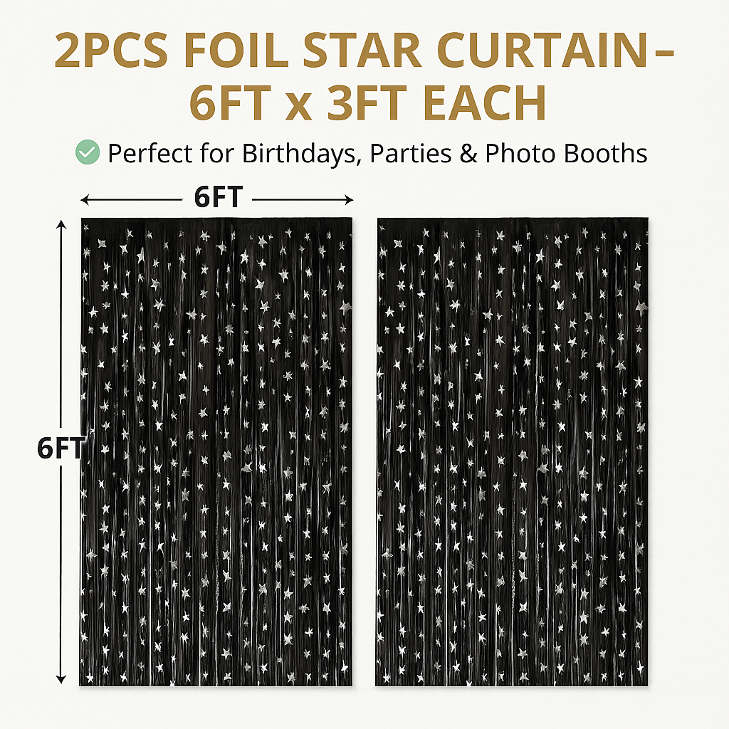 Wanna Party 2 Pack New Black Fringe Curtain Backdrop, 3 Ft x 6 Ft Shiny Silver Star Printed Metallic Tinsel Foil Fringe Streamers Background for Photo Booth Birthday Wedding Baby Shower Party Thanksgiving Christmas Decorations