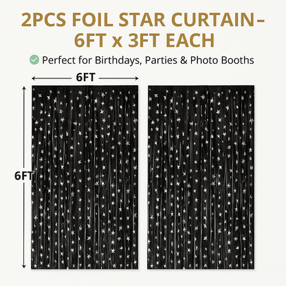 Wanna Party 2 Pack New Black Fringe Curtain Backdrop, 3 Ft x 6 Ft Shiny Silver Star Printed Metallic Tinsel Foil Fringe Streamers Background for Photo Booth Birthday Wedding Baby Shower Party Thanksgiving Christmas Decorations