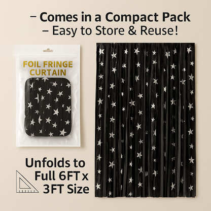 Wanna Party 2 Pack New Black Fringe Curtain Backdrop, 3 Ft x 6 Ft Shiny Silver Star Printed Metallic Tinsel Foil Fringe Streamers Background for Photo Booth Birthday Wedding Baby Shower Party Thanksgiving Christmas Decorations
