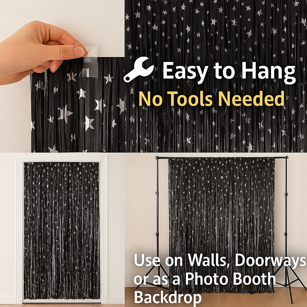 Wanna Party 2 Pack New Black Fringe Curtain Backdrop, 3 Ft x 6 Ft Shiny Silver Star Printed Metallic Tinsel Foil Fringe Streamers Background for Photo Booth Birthday Wedding Baby Shower Party Thanksgiving Christmas Decorations