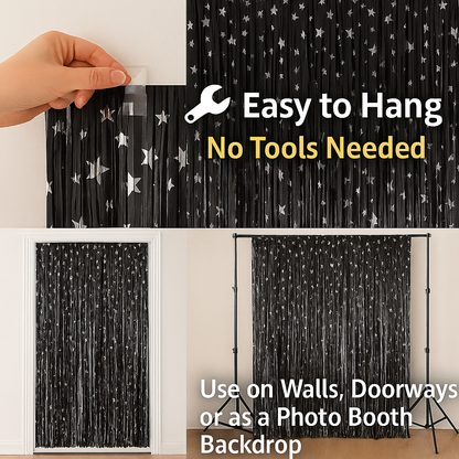 Wanna Party 2 Pack New Black Fringe Curtain Backdrop, 3 Ft x 6 Ft Shiny Silver Star Printed Metallic Tinsel Foil Fringe Streamers Background for Photo Booth Birthday Wedding Baby Shower Party Thanksgiving Christmas Decorations