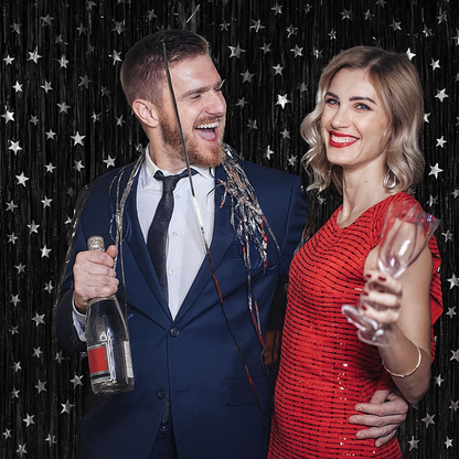 Wanna Party 2 Pack New Black Fringe Curtain Backdrop, 3 Ft x 6 Ft Shiny Silver Star Printed Metallic Tinsel Foil Fringe Streamers Background for Photo Booth Birthday Wedding Baby Shower Party Thanksgiving Christmas Decorations