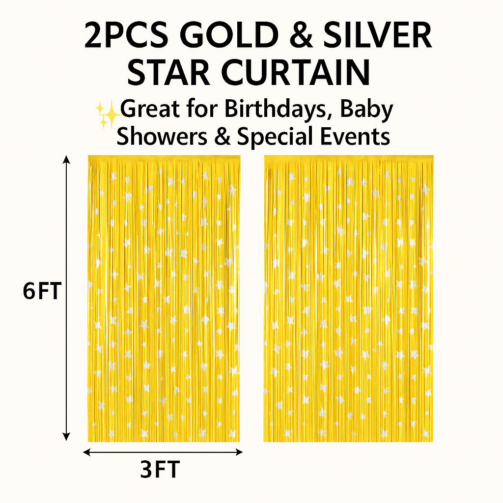 Wanna Party 2 Pack NewGold Silver Fringe Curtain Backdrop, 3 Ft x 6 Ft Shiny Silver Star Printed Metallic Tinsel Foil Fringe Streamers Background for Photo Booth Birthday Wedding Baby Shower Party Thanksgiving Christmas Decorations