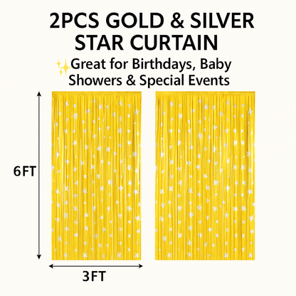 Wanna Party 2 Pack NewGold Silver Fringe Curtain Backdrop, 3 Ft x 6 Ft Shiny Silver Star Printed Metallic Tinsel Foil Fringe Streamers Background for Photo Booth Birthday Wedding Baby Shower Party Thanksgiving Christmas Decorations
