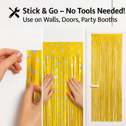 Wanna Party 2 Pack NewGold Silver Fringe Curtain Backdrop, 3 Ft x 6 Ft Shiny Silver Star Printed Metallic Tinsel Foil Fringe Streamers Background for Photo Booth Birthday Wedding Baby Shower Party Thanksgiving Christmas Decorations