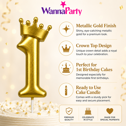 Golden Crown Candle Number 1 | Metallic Finish | Medium Size