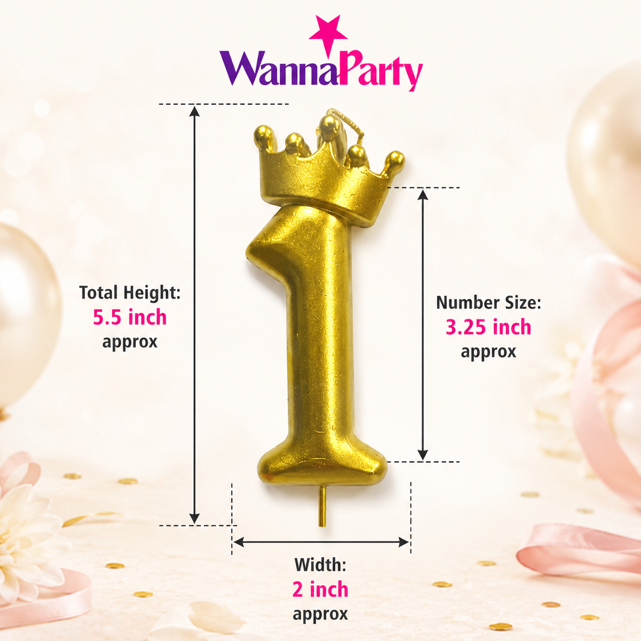 Golden Crown Candle Number 1 | Metallic Finish | Medium Size