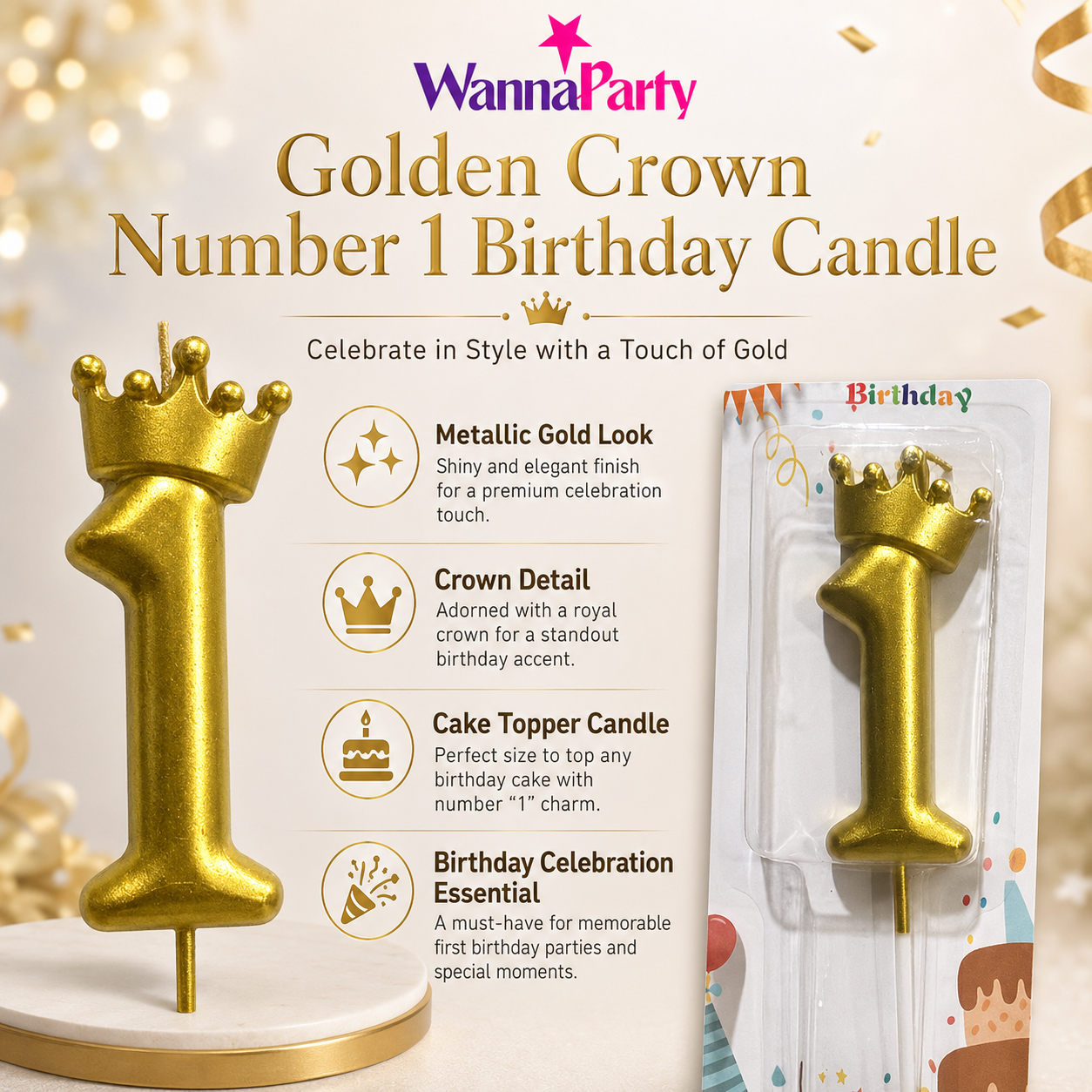 Golden Crown Candle Number 1 | Metallic Finish | Medium Size