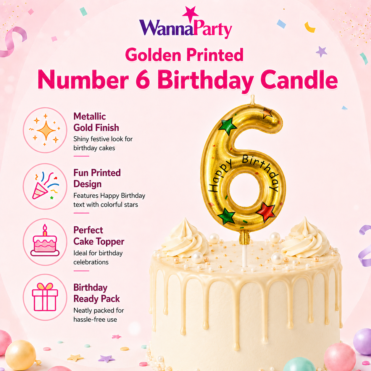 Golden Color Happy Birthday Printed Candle Number 6