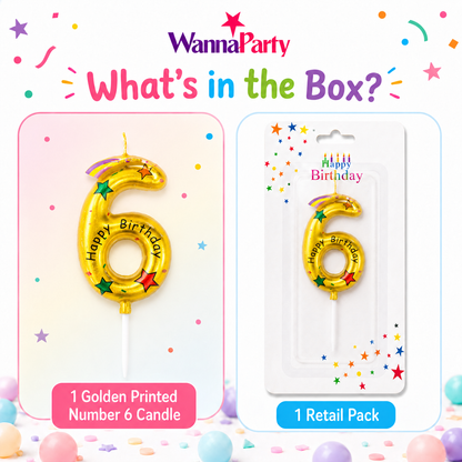 Golden Color Happy Birthday Printed Candle Number 6