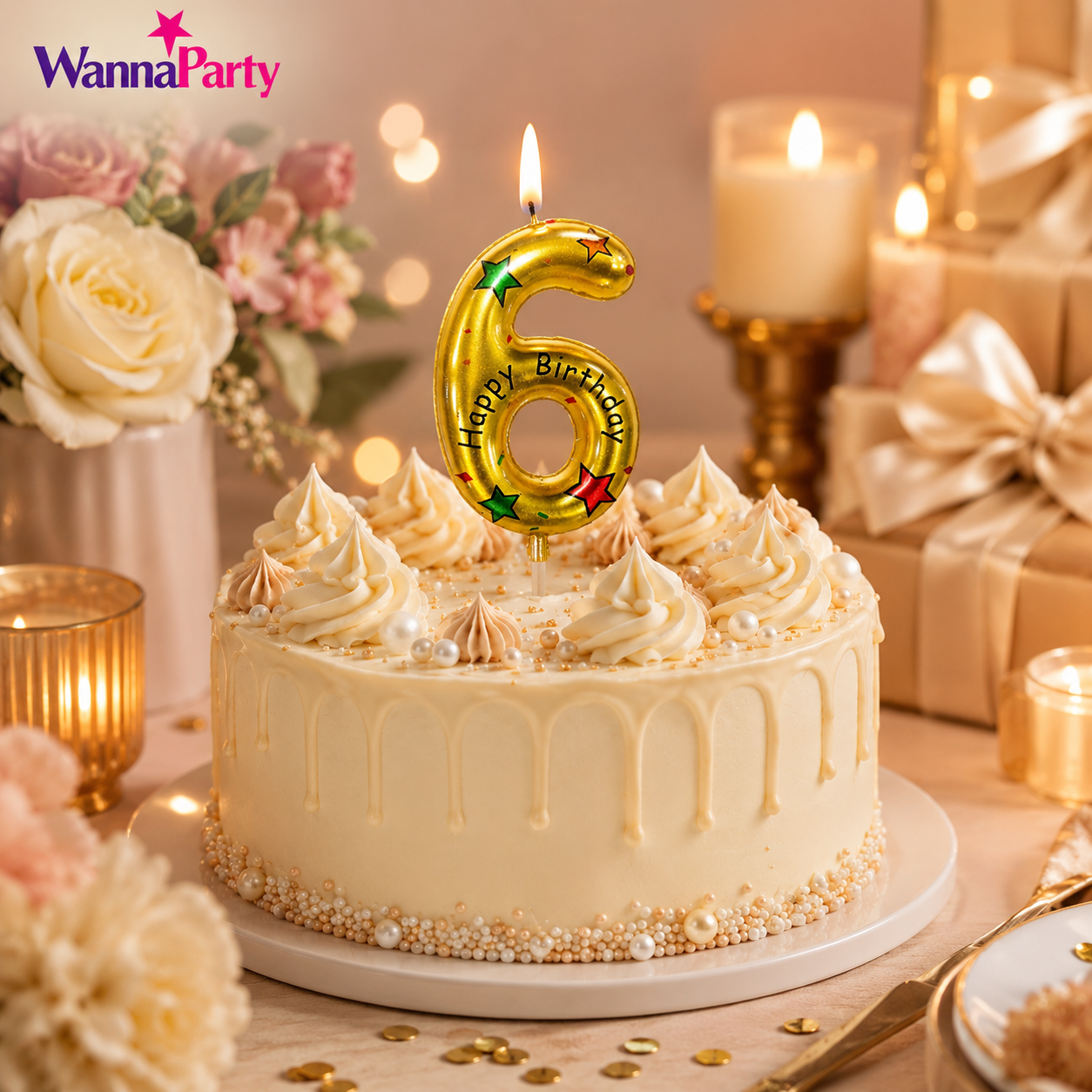Golden Color Happy Birthday Printed Candle Number 6