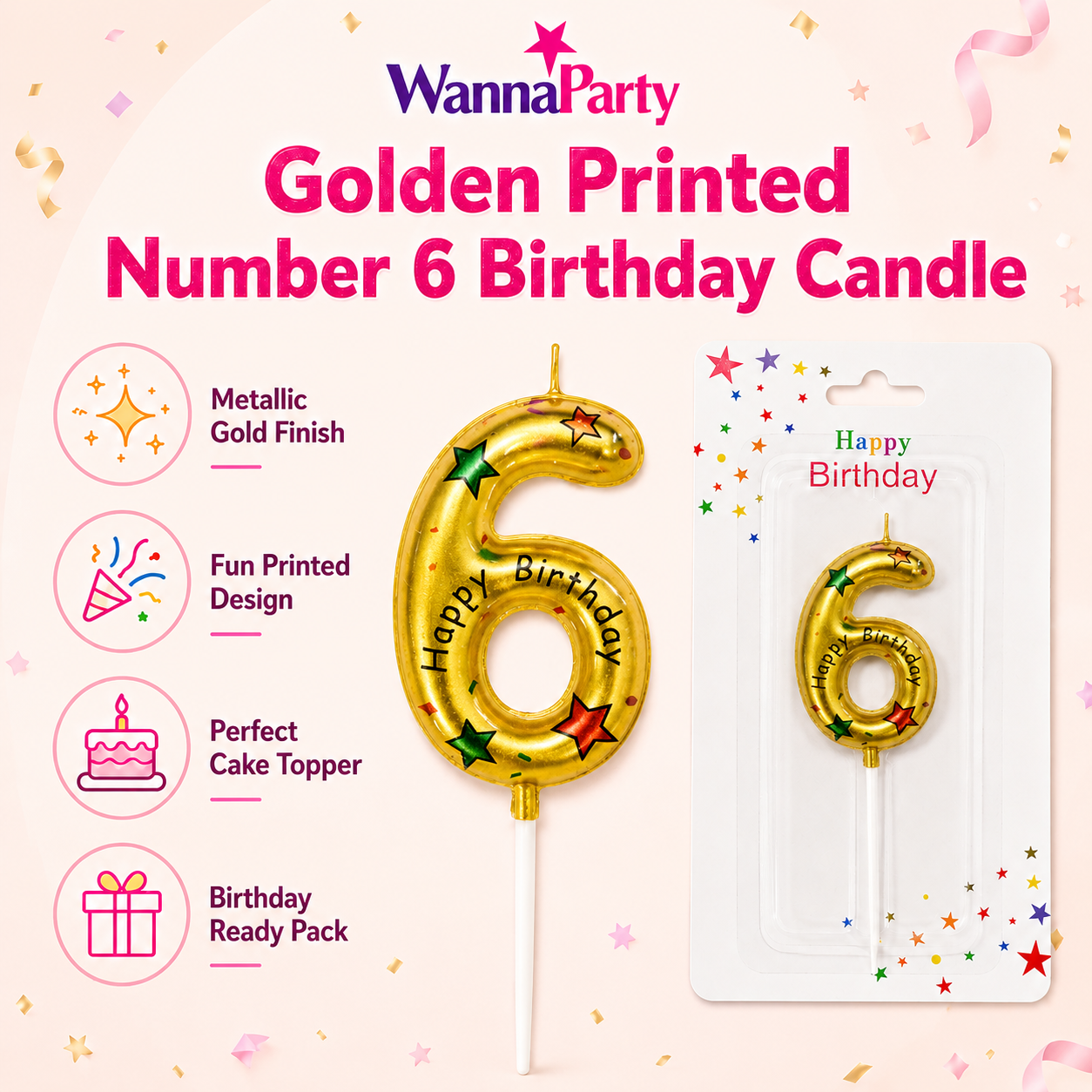 Golden Color Happy Birthday Printed Candle Number 6