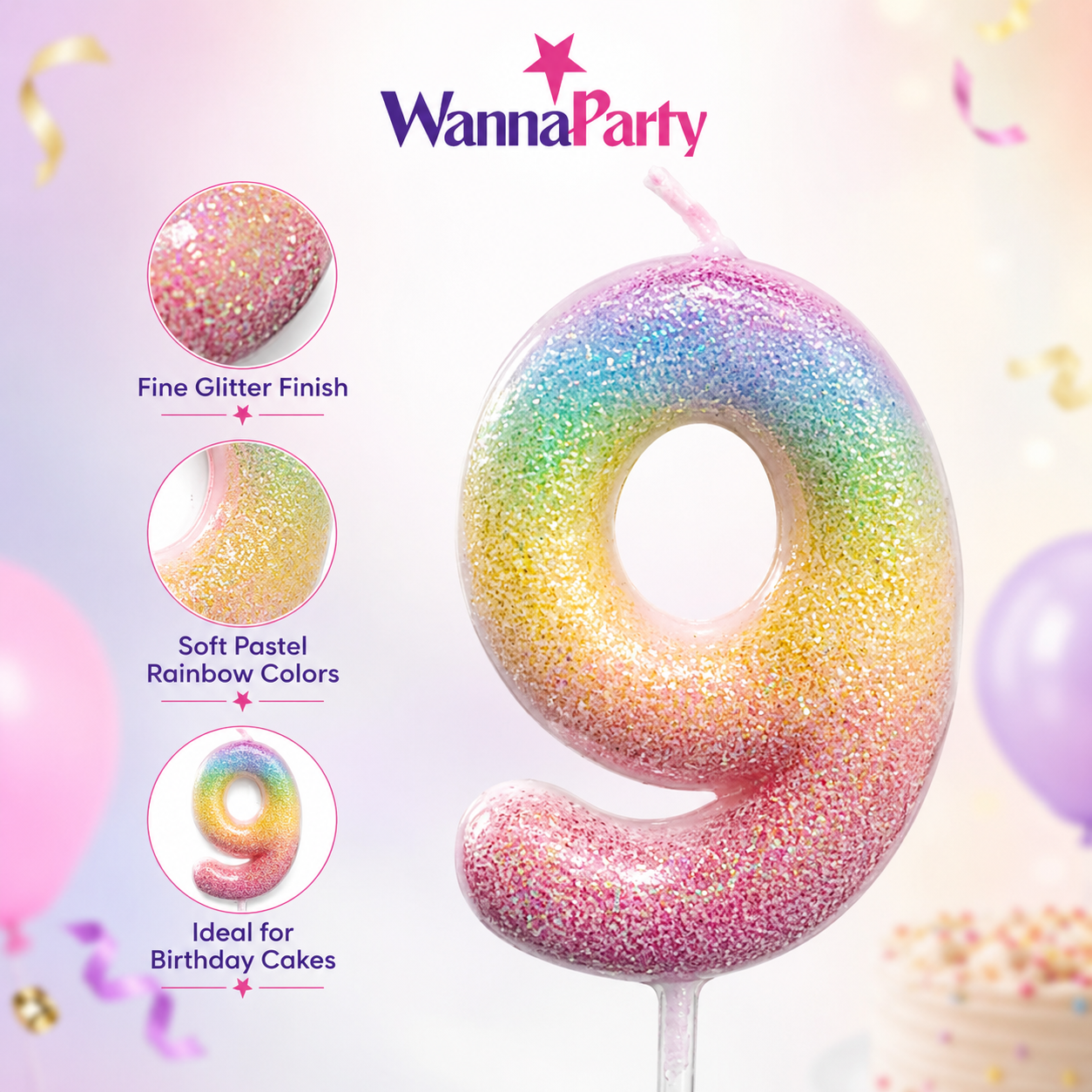 Three Color Gradient Glitter Candle Number 9