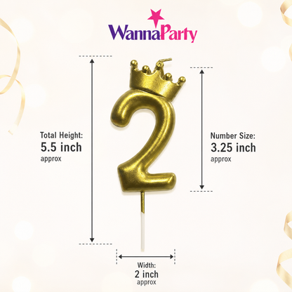 Golden Crown Candle Number 2 | Metallic Finish | Medium Size