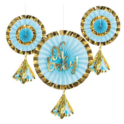 Oh Baby! Paper Fans Blue & Gold with Tassel - 3PC