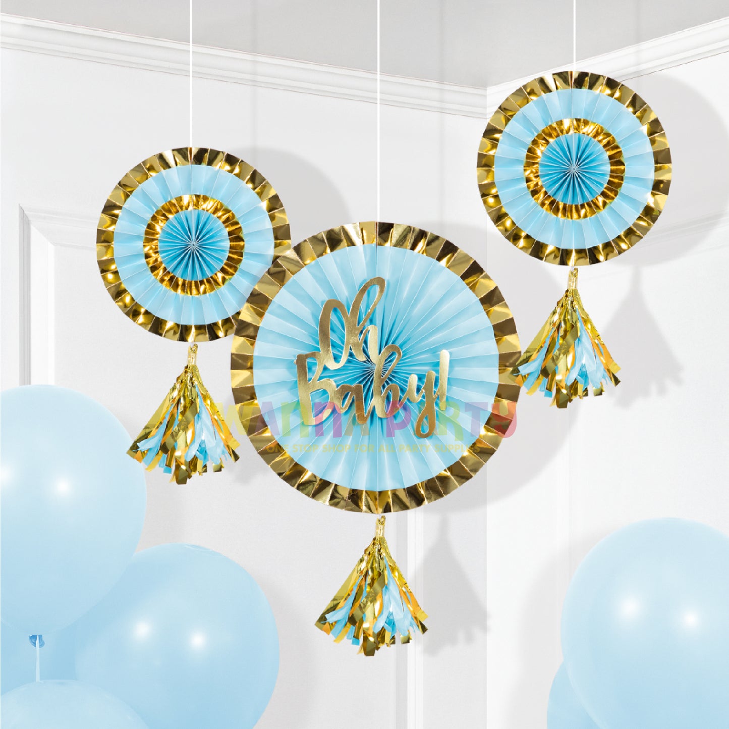 Oh Baby! Paper Fans Blue & Gold with Tassel - 3PC