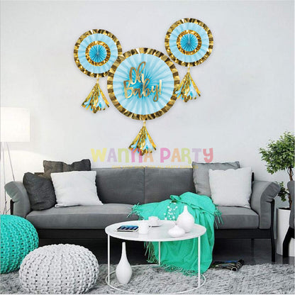 Oh Baby! Paper Fans Blue & Gold with Tassel - 3PC