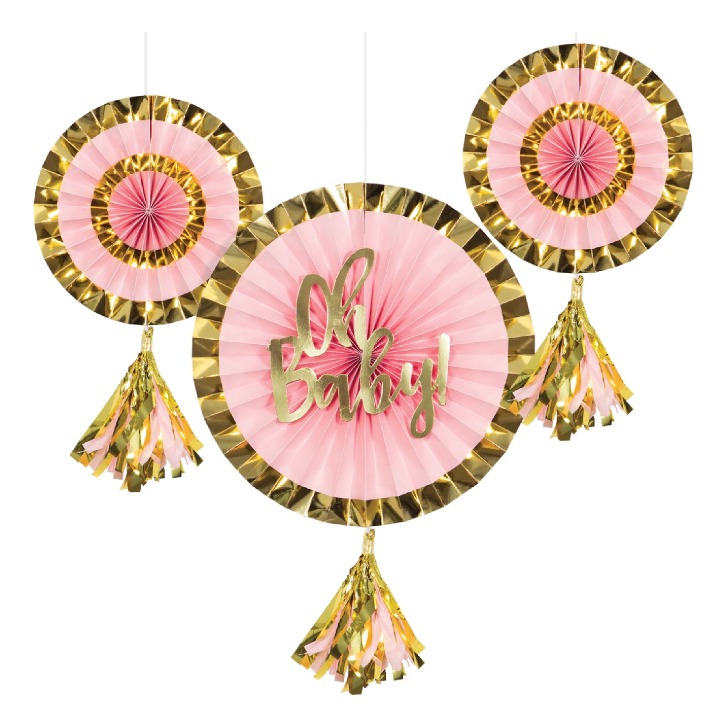 Oh Baby! Paper Fans Pink & Gold with Tassel - 3PC (12 inch and 8 inch)