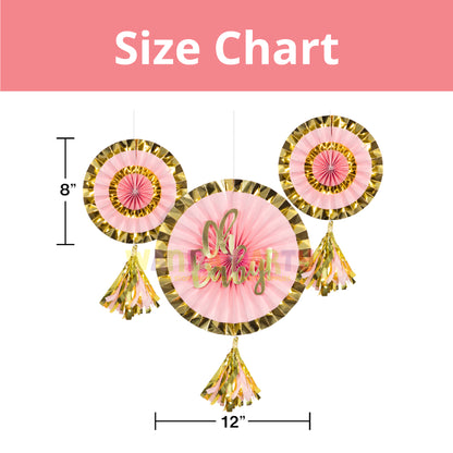 Oh Baby! Paper Fans Pink & Gold with Tassel - 3PC (12 inch and 8 inch)