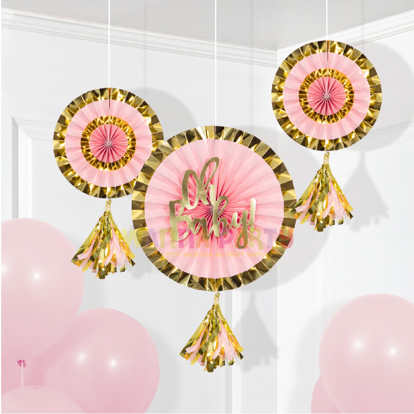 Oh Baby! Paper Fans Pink & Gold with Tassel - 3PC (12 inch and 8 inch)