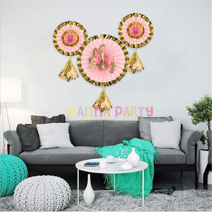 Oh Baby! Paper Fans Pink & Gold with Tassel - 3PC (12 inch and 8 inch)