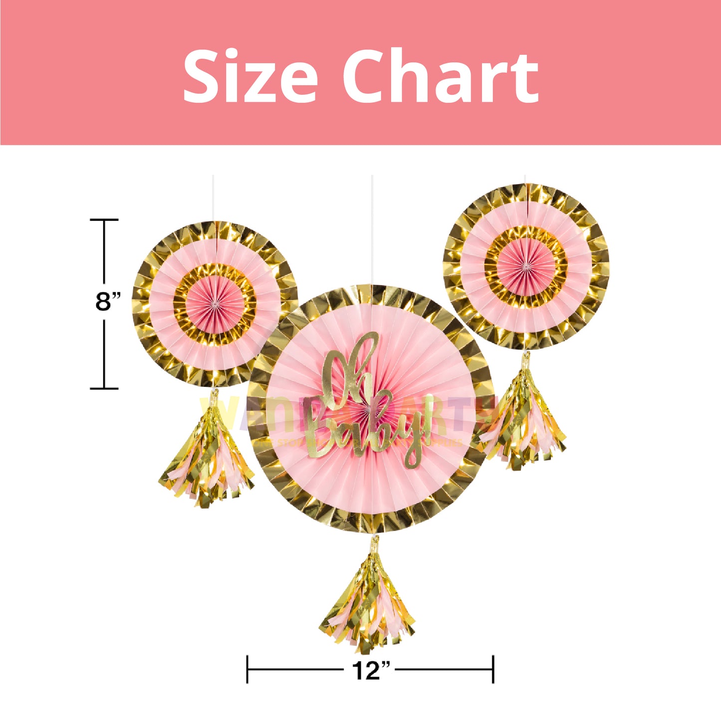 Oh Baby! Paper Fans Pink & Gold with Tassel - 3PC