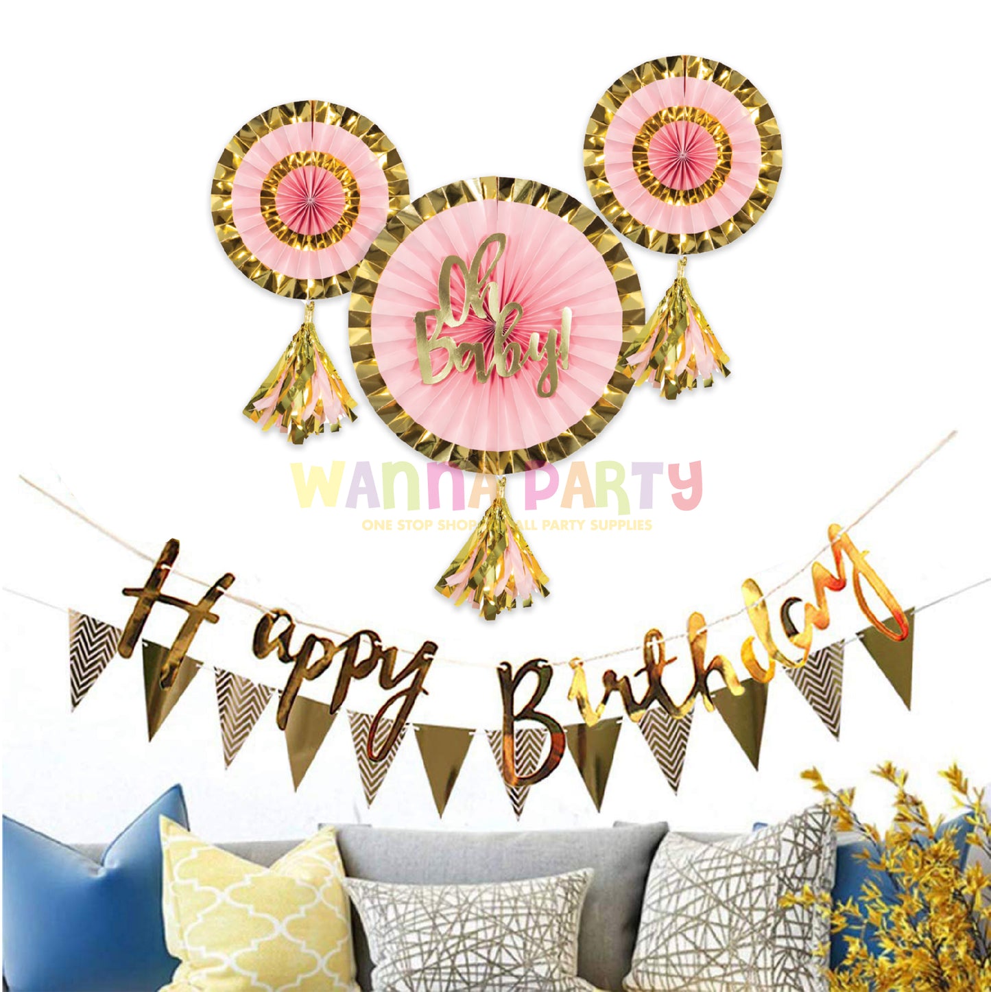 Oh Baby! Paper Fans Pink & Gold with Tassel - 3PC