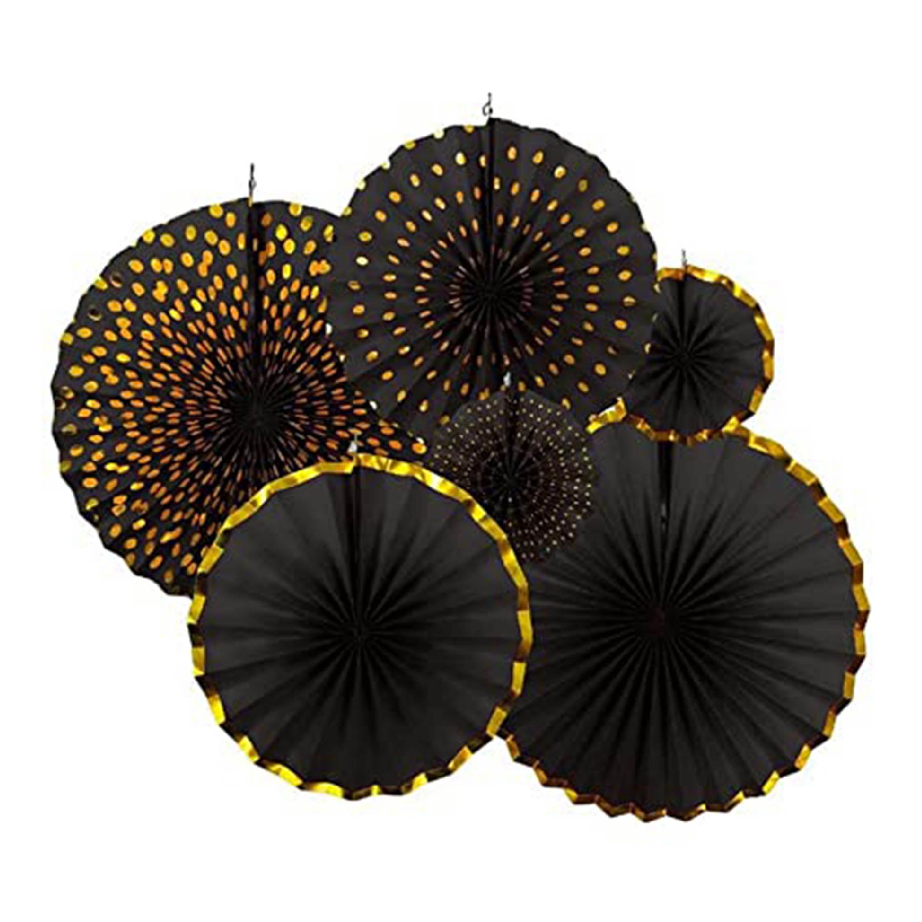 Black &amp; Gold Paper Fans Set - 6PC