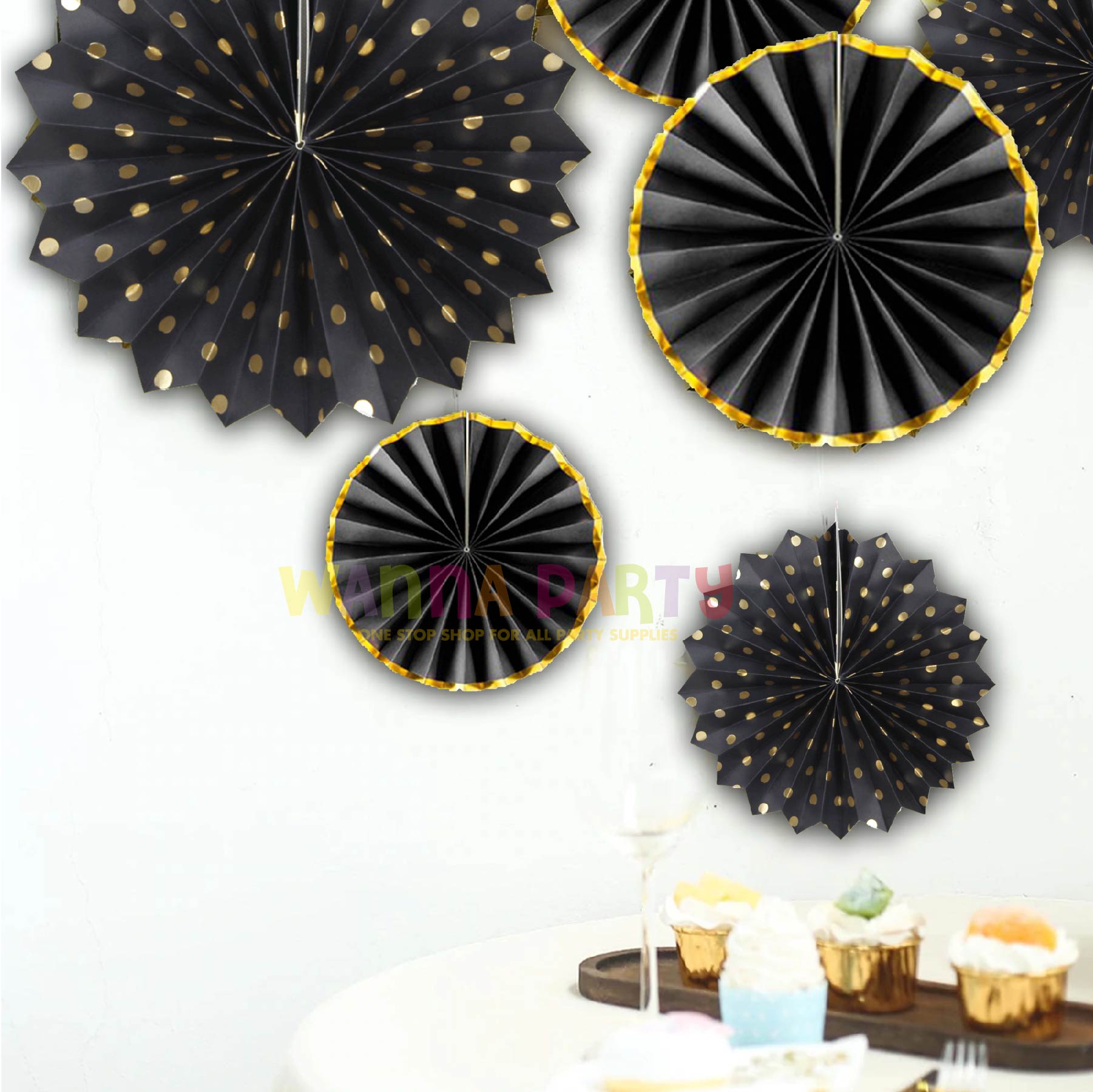 Black &amp; Gold Paper Fans Set - 6PC