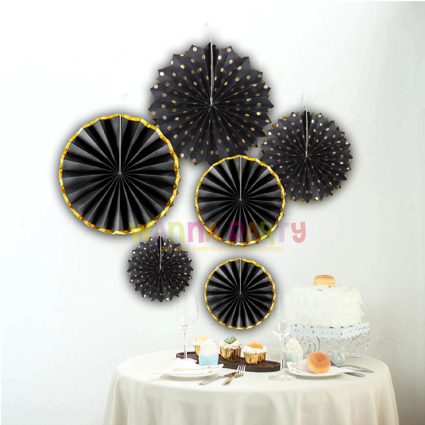 Black &amp; Gold Paper Fans Set - 6PC