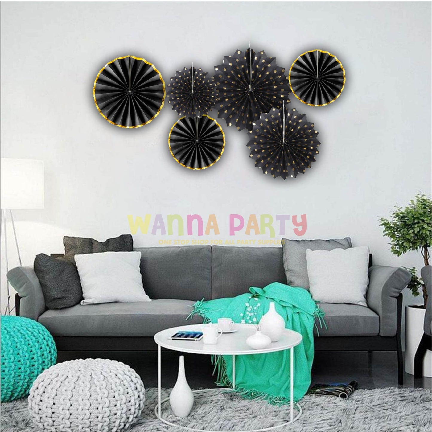 Black &amp; Gold Paper Fans Set - 6PC