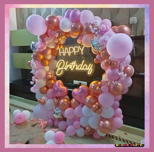 Happy Birthday Pink & Rose Gold w/ Heart & Star Balloon Set Up