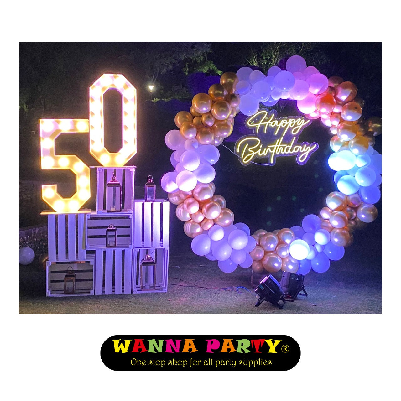 50th Birthday Ring Set Up with LED Marquee Crate Set Up