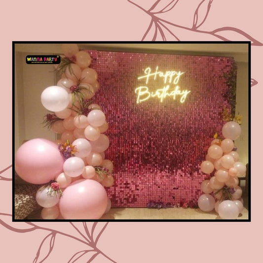 Happy Birthday Pink Sequin Backdrop with Pink Balloons