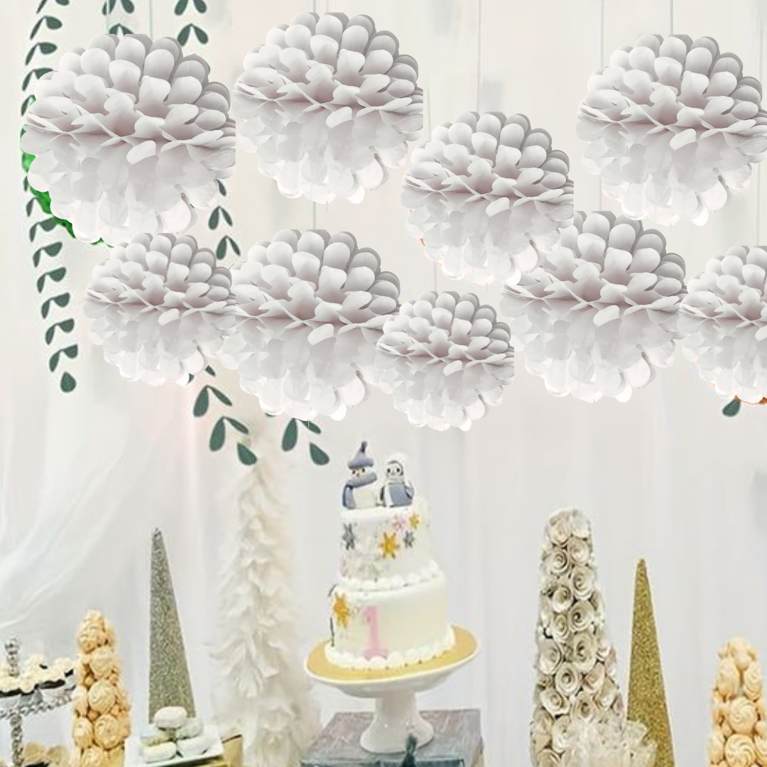 Paper Pom Pom Hangings for Decoration-10 inch 5 pieces Ceiling Decoration Items, Pom Poms, Fluffy Decoration- White-NO DIY