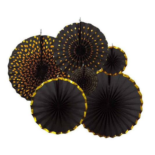 Designer Black & Gold Paper Fans Set - 6PC