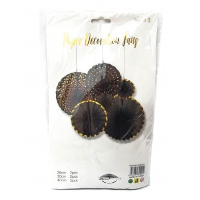 Designer Black & Gold Paper Fans Set - 6PC