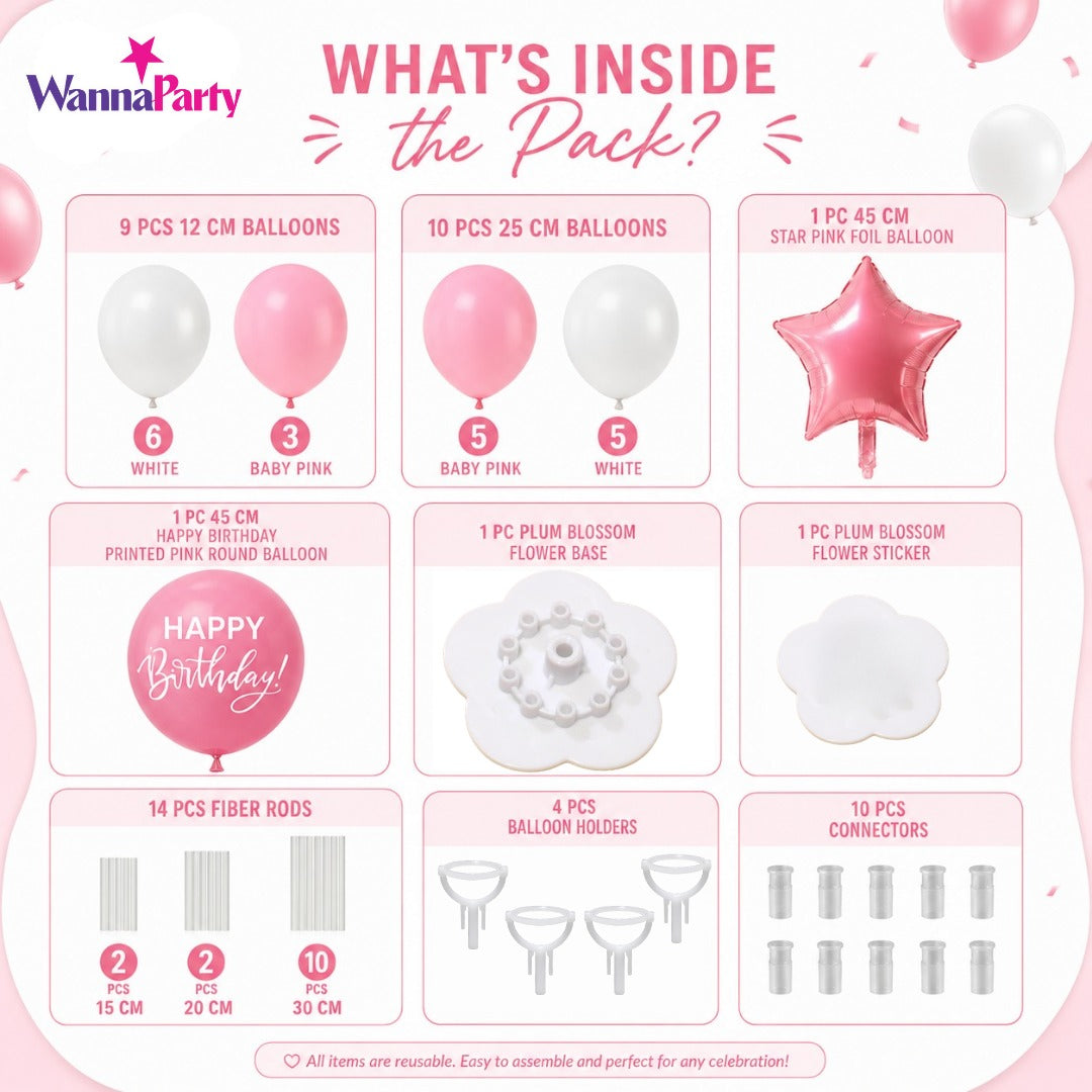 Pink & White Happy Birthday Balloon Bouquet Stand Set - 21 Pcs | Balloons with Plum Blossom Base, Holder & Fiber Rods -  |Birthday Table Centerpiece Decoration for Kids Adults Party, 1 Set