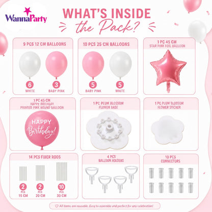 Pink & White Happy Birthday Balloon Bouquet Stand Set - 21 Pcs | Balloons with Plum Blossom Base, Holder & Fiber Rods -  |Birthday Table Centerpiece Decoration for Kids Adults Party, 1 Set
