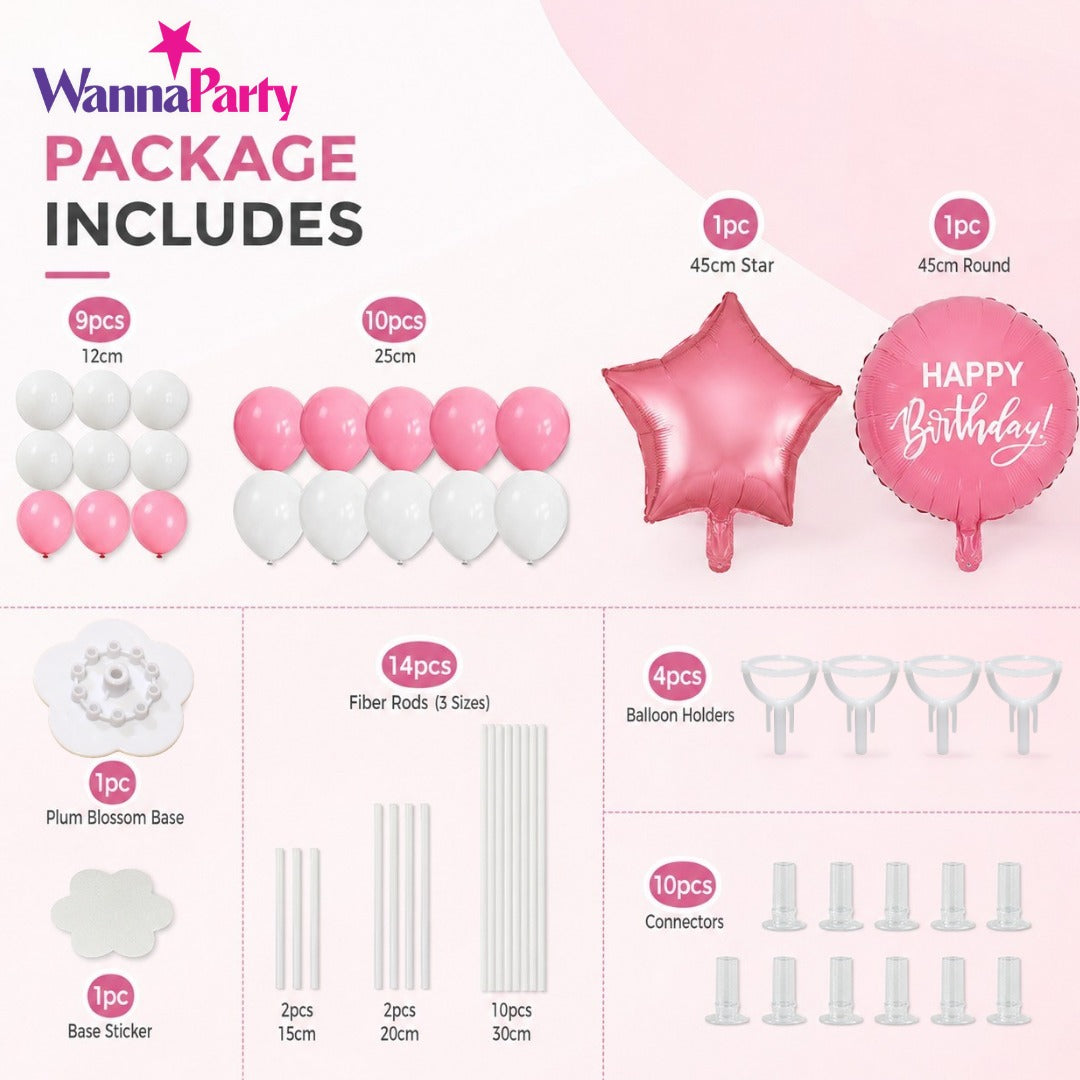 Pink & White Happy Birthday Balloon Bouquet Stand Set - 21 Pcs | Balloons with Plum Blossom Base, Holder & Fiber Rods -  |Birthday Table Centerpiece Decoration for Kids Adults Party, 1 Set