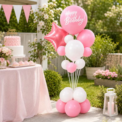 Pink & White Happy Birthday Balloon Bouquet Stand Set - 21 Pcs | Balloons with Plum Blossom Base, Holder & Fiber Rods -  |Birthday Table Centerpiece Decoration for Kids Adults Party, 1 Set