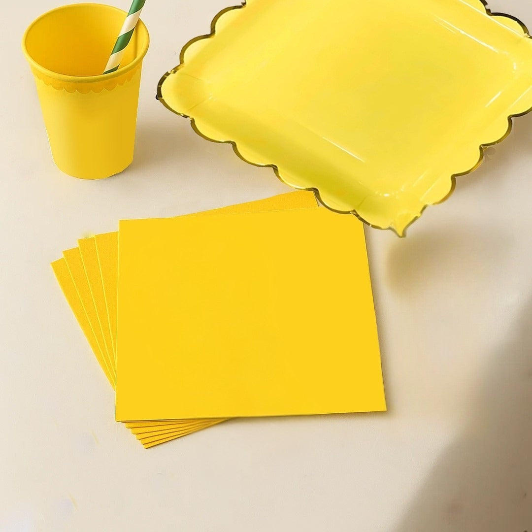 Yellow Party Tableware Combo with Plates, Tissues, Cups, Spoons and Forks - 64PC - Serves Upto 10 Pax