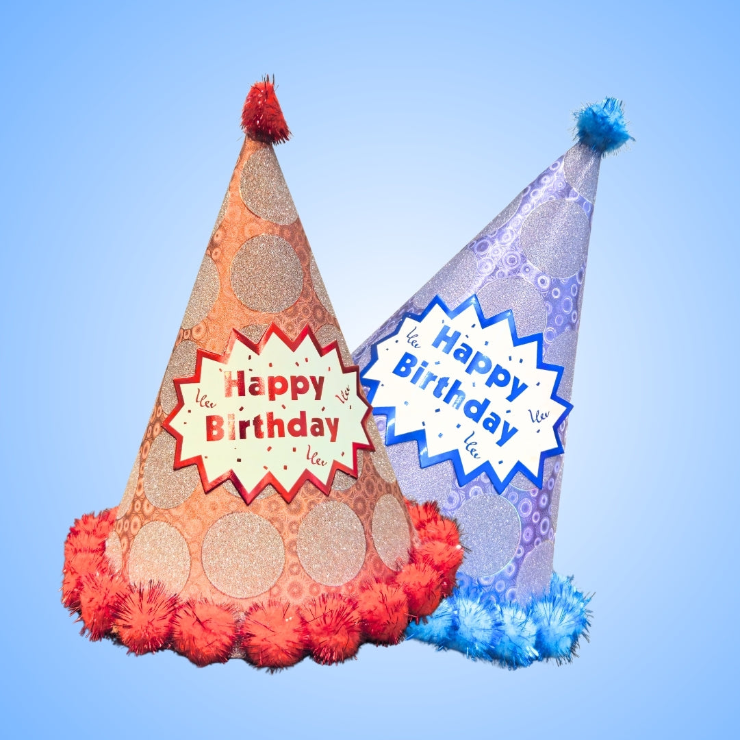 Polka Dot Birthday Party Hats Red and Blue Combo with Pom Poms - 2PC