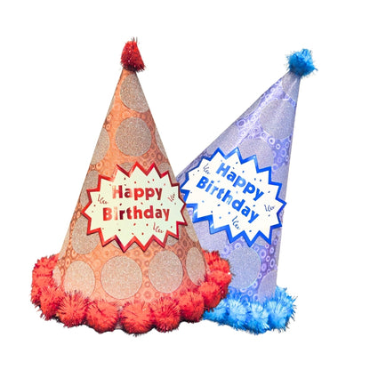 Polka Dot Birthday Party Hats Red and Blue Combo with Pom Poms - 2PC