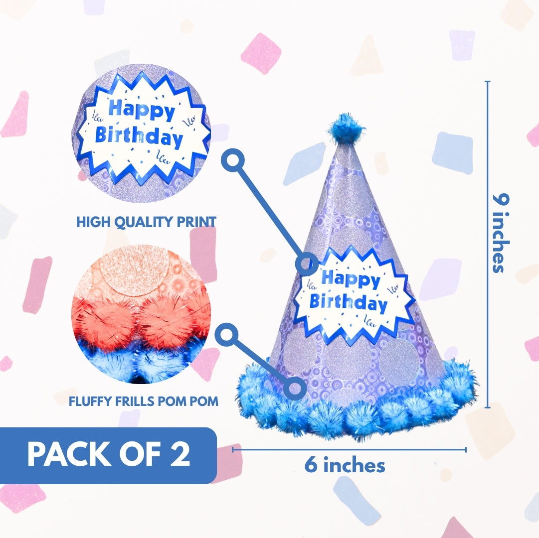 Polka Dot Birthday Party Hats Red and Blue Combo with Pom Poms - 2PC