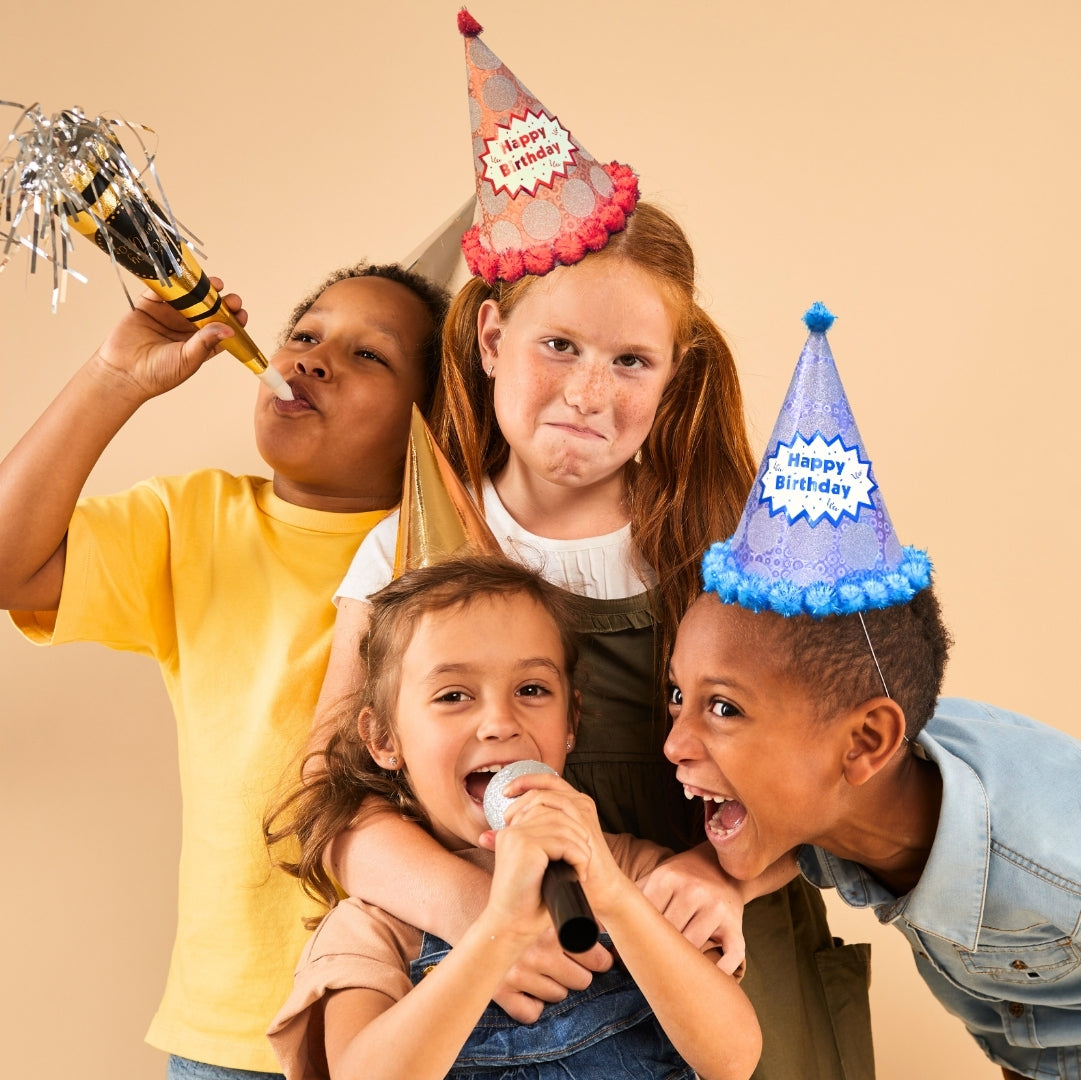 Polka Dot Birthday Party Hats Red and Blue Combo with Pom Poms - 2PC