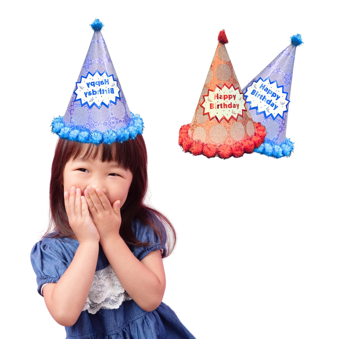 Polka Dot Birthday Party Hats Red and Blue Combo with Pom Poms - 2PC