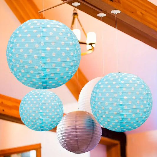 Paper Lantern Aqua Blue Color w/Polka Dot for Hanging Decor - 14 inches - 1PC