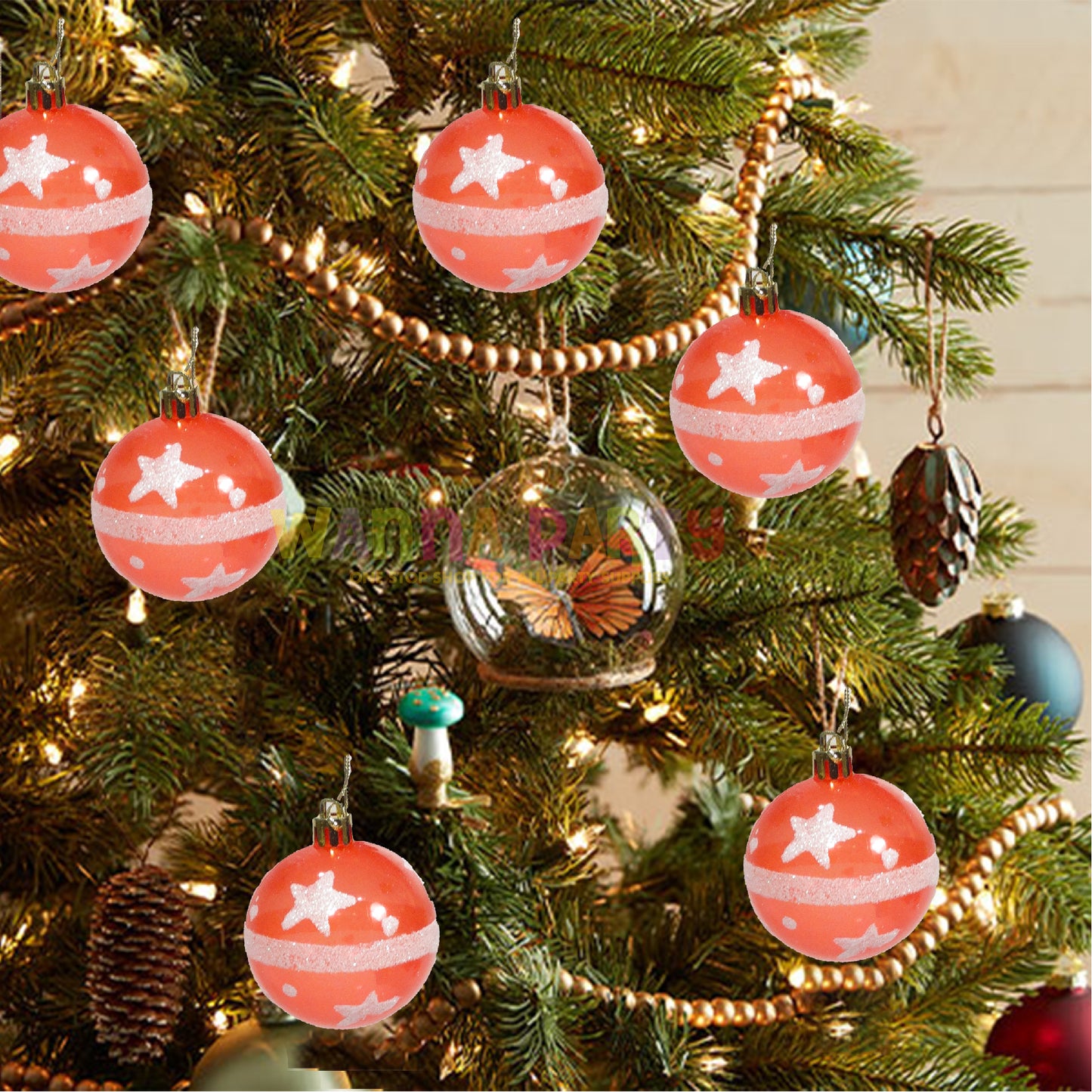 Red Transparent Balls with Snow Stars Tree Hanging