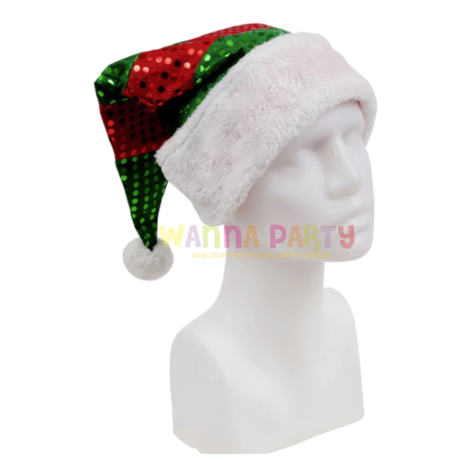 Santa Sequin Hat with Plush Puff Ball and Plush White Border